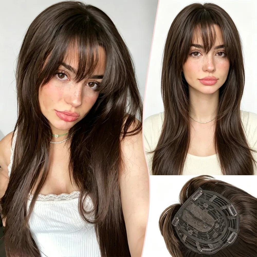 Natural Soft Brown Hair Topper with Pre-Cut Bangs 18 Inch Straight Synthetic Layered Hairpiece Large 6.5