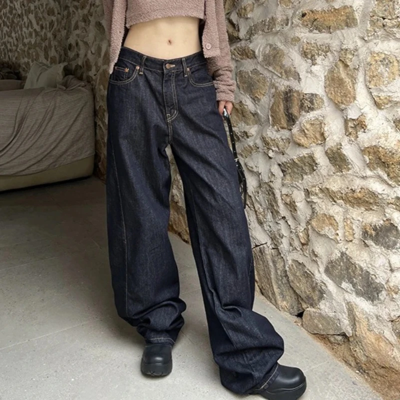Jeans Women Wide Leg Pants Floor Length High Waist Washed Mom Distressed Pockets Streetwear 2025 Vintage Denim Loose Trousers