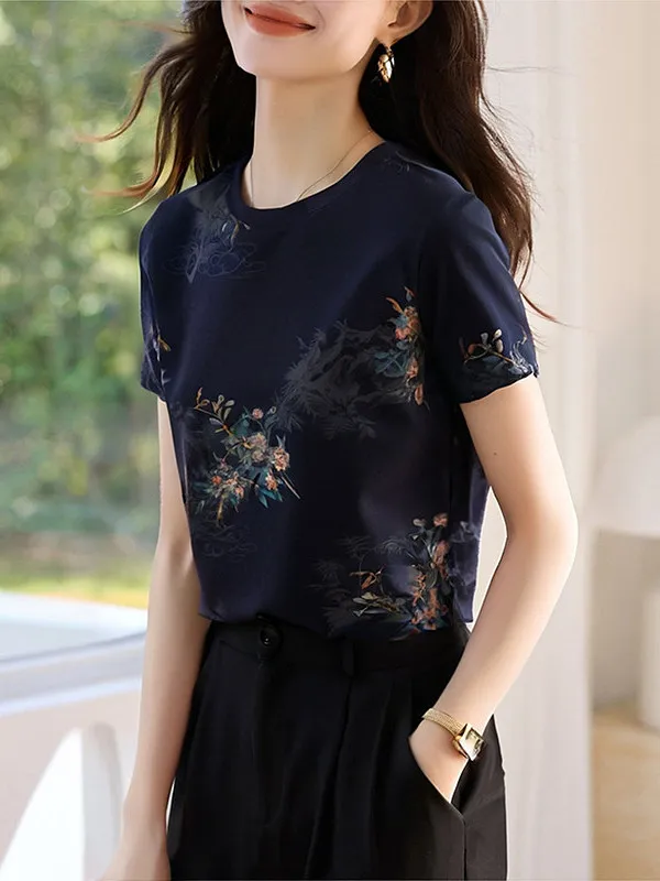

Summer Women's Loose Short Sleeve T-Shirt Fashionable Elegant Print Top Commuter Versatile Ladies' Shirt Polyester Fiber Warmth