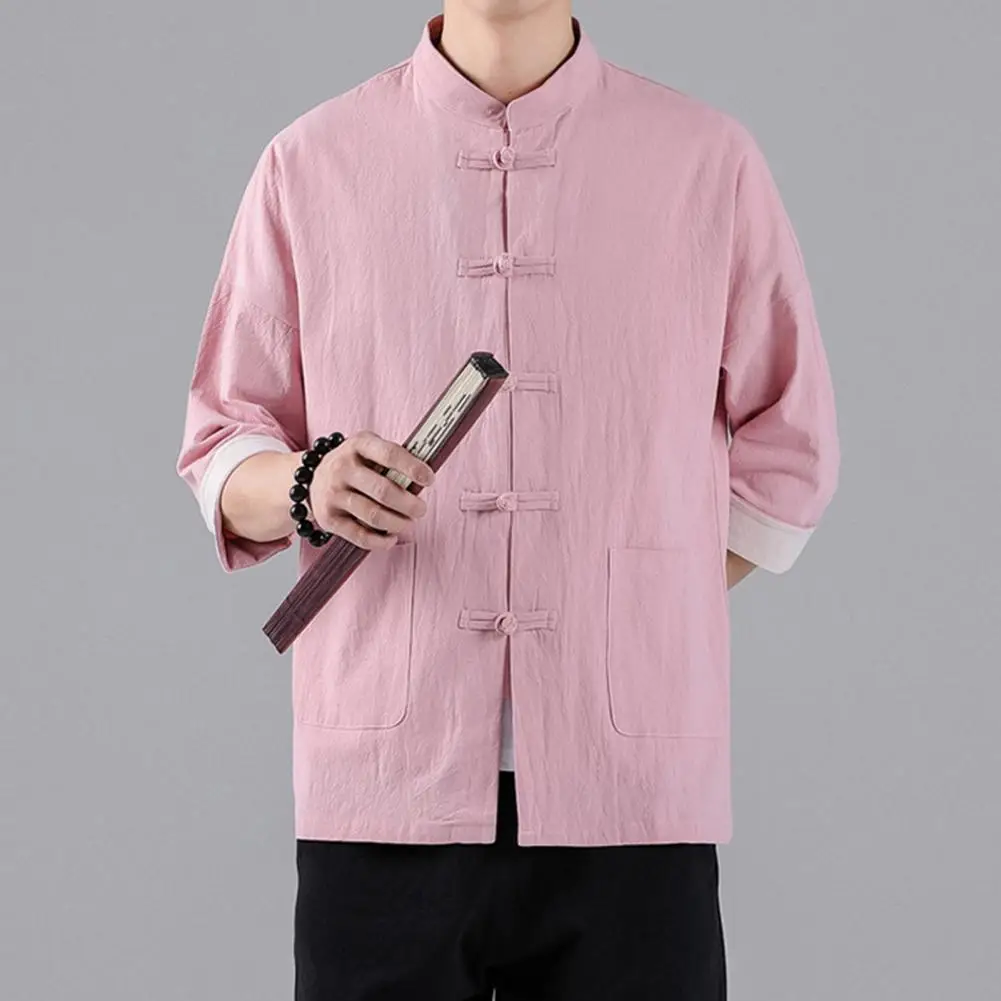 Men Tang Suit Vintage Chinese Style Men's Shirt with Knot Buttons Stand Collar Three Quarter Sleeves Plus Size Tang for Casual