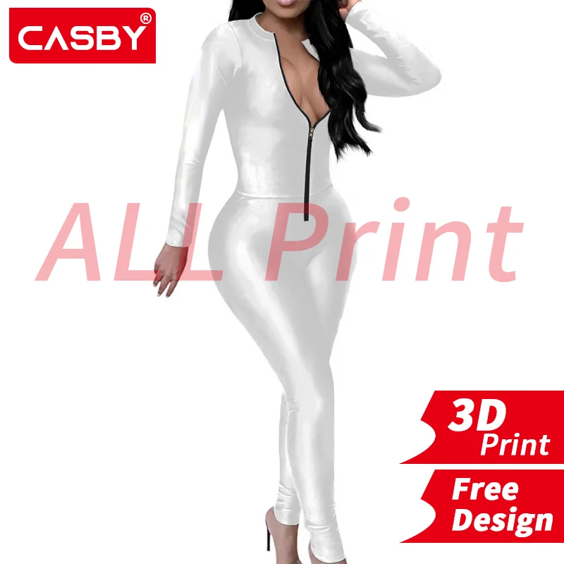 Streetwear White Sexy Bodycon Jumpsuit Women 2022 Long Sleeve Skinny 3D Print Custom Logo All Print Design DIY Free Design