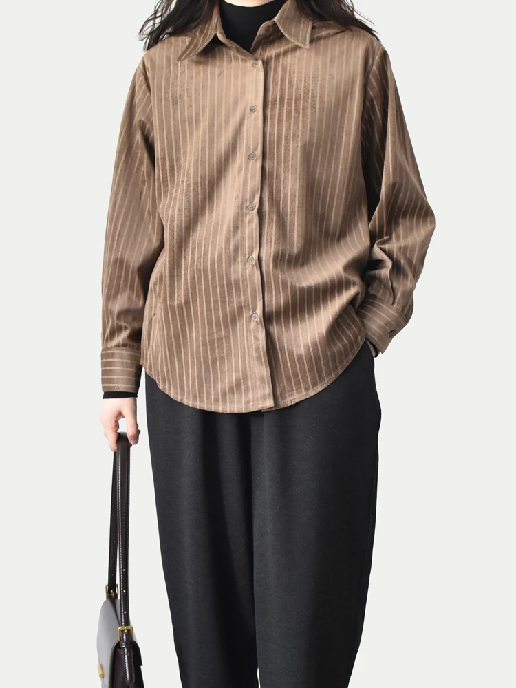 

Velvet Feel Coffee Color Vertical Stripes irt Turn-down Collar Long Sve Outerwear Artistic Commute Spring Autumn Retro Top