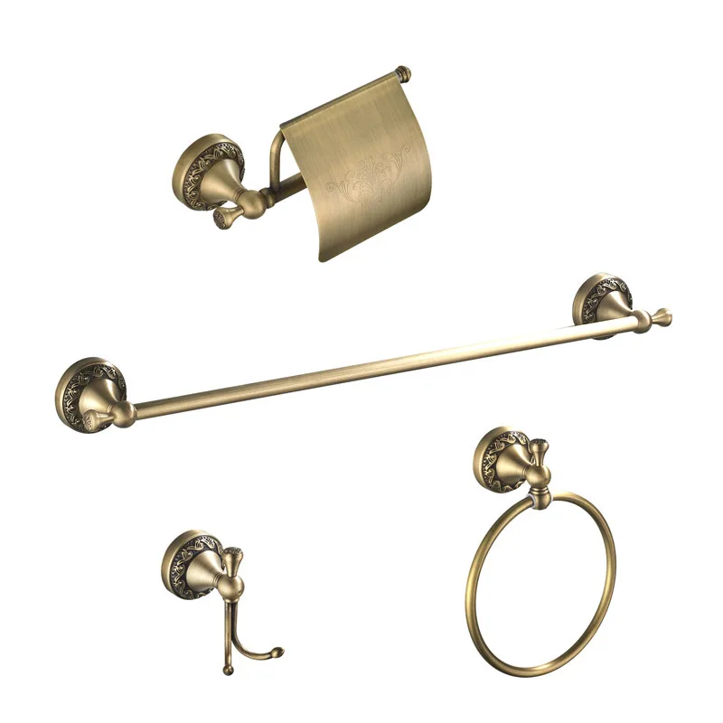 Bronze Brass Embossed Pattern 4 Piece Bathroom Hardware Pendant Toilet Paper Holder Towel Ring Towel Bar 60 CM Clothes Hook