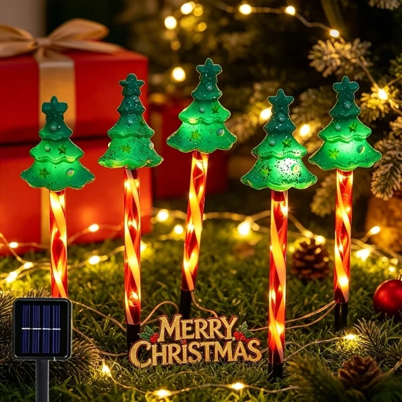 5 in 1 Christmas LED Solar-Powered Lights Xmas Tree&Reindeer Candy Cane Stake Lights Outdoor Garden Yard Lawn Path Decorations