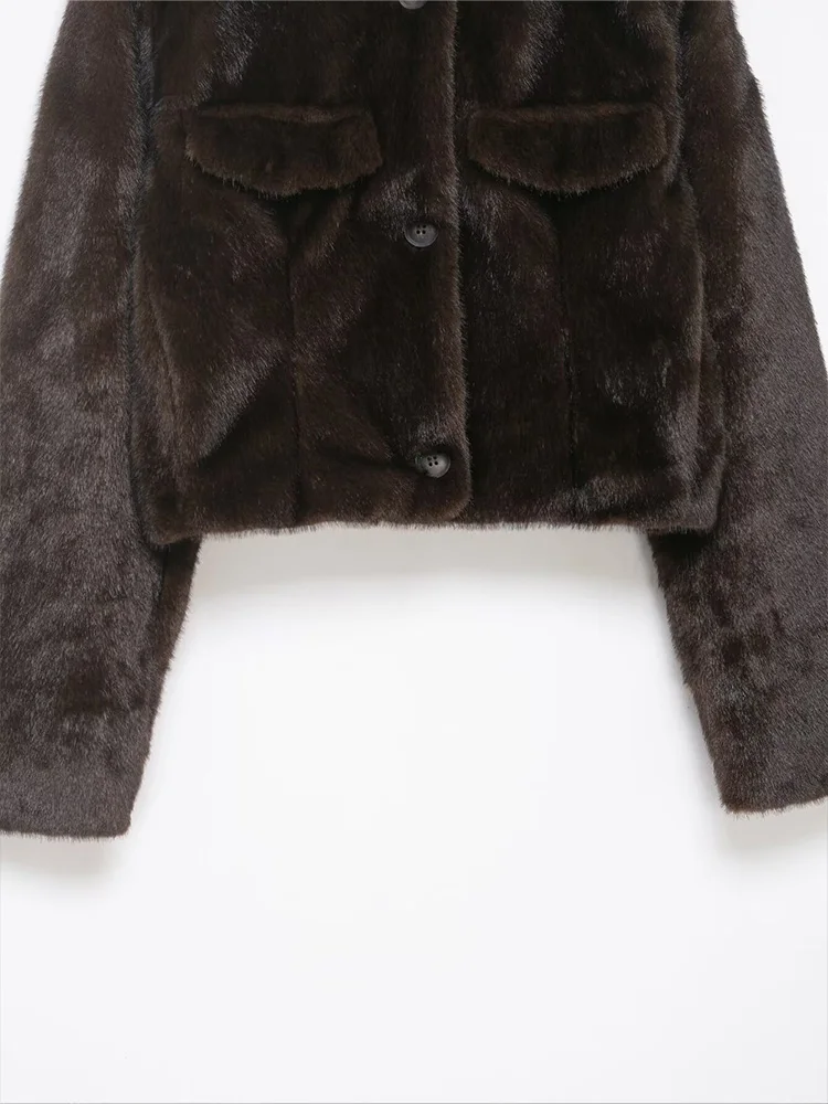 HH Donna Inverno Caldo Moda Pelliccia Artificiale Effetto Stand-up Colletto Corto Top Donna Manica Lunga Solido Tasche monopetto Top