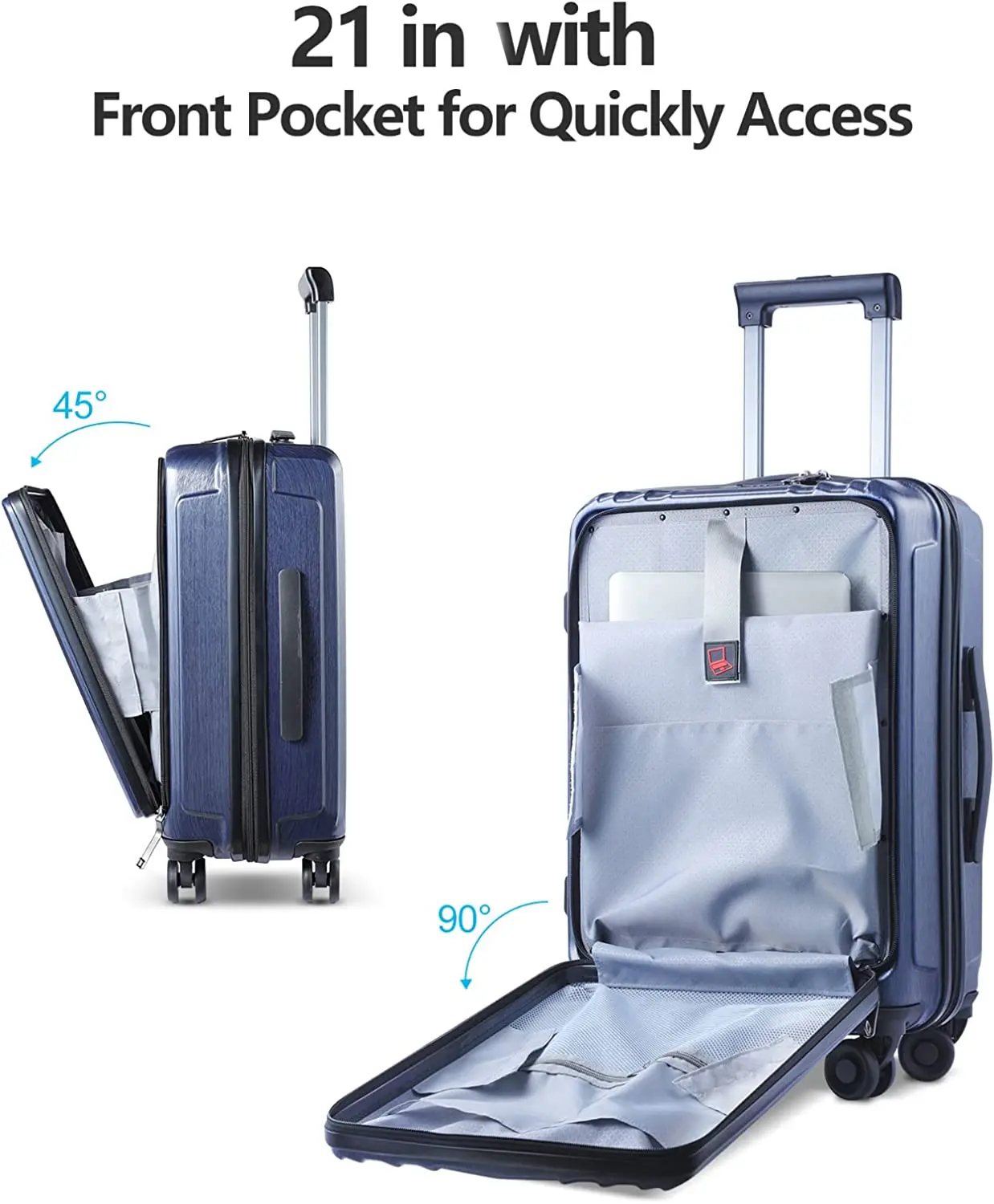 Bagageset 3 Delig 21/24/28 Voorste Laptopzak & Uitbreidbare Abs + Pc Lichtgewicht Hardshell Koffer Spinner Wielen Tsa Lock Blue