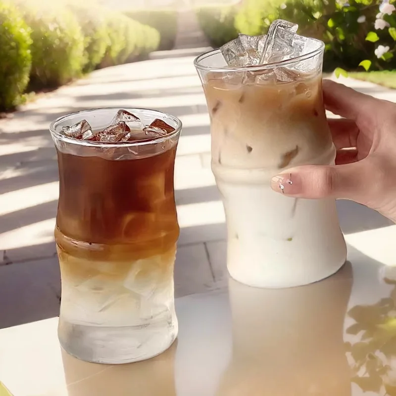 

Borosilicate Glass Coffee Cup 400ml,Iced Americano Latte Tumbler,Bamboo Design Cold Drink Cup,Reusable Beverage Glass for Cafe