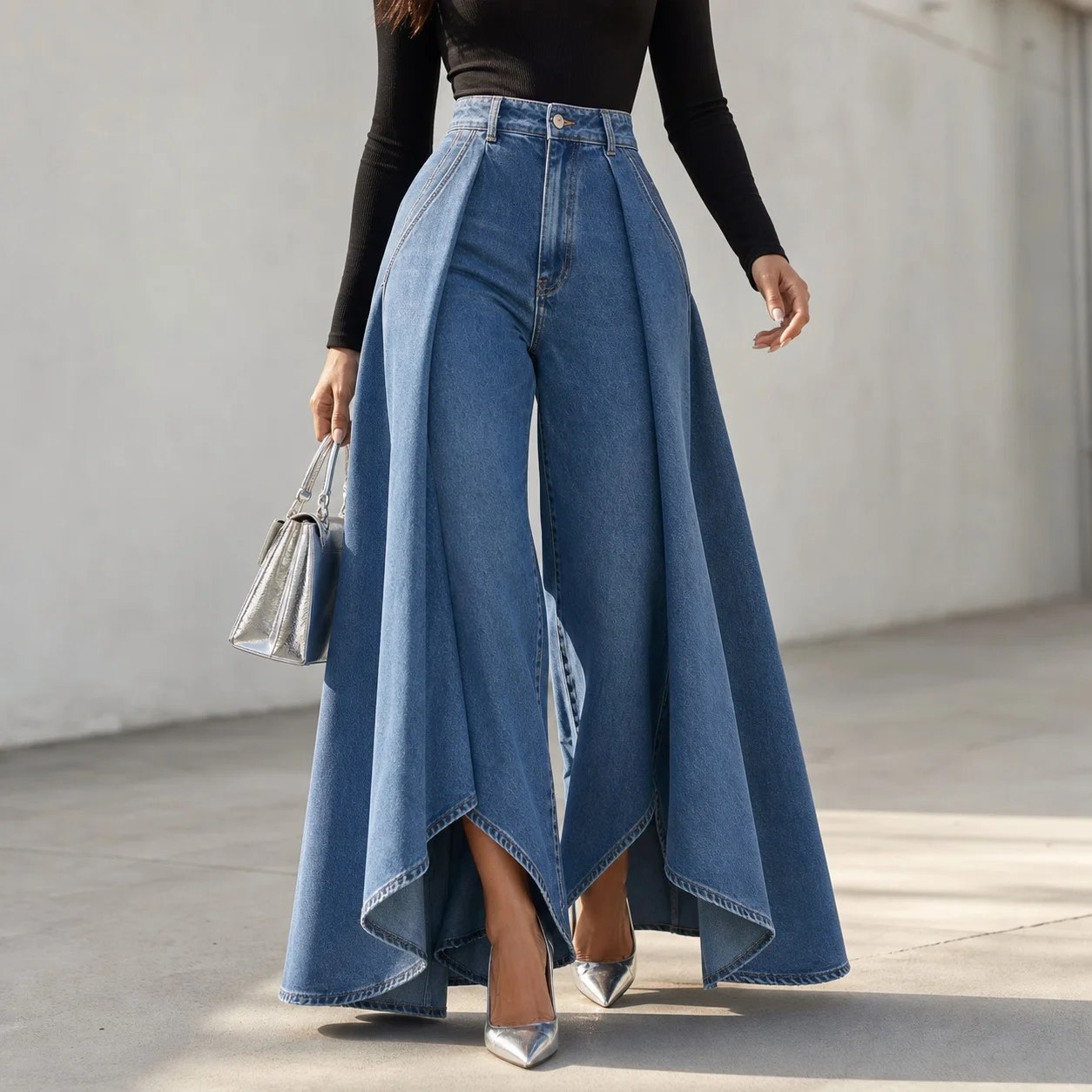 Women's Baggy High Waist Loose Fit Wide Leg Full Length Solid Color Washed Cotton Casual Jeans with Asymmetrical Hem for Women