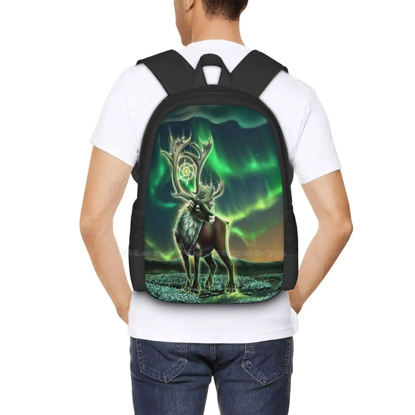 Caribou Borealis 3D Print Design Backpack Student Bag Caribou Reindeer Buck Stag Arctic Nature Wildlife Animal Spiritual