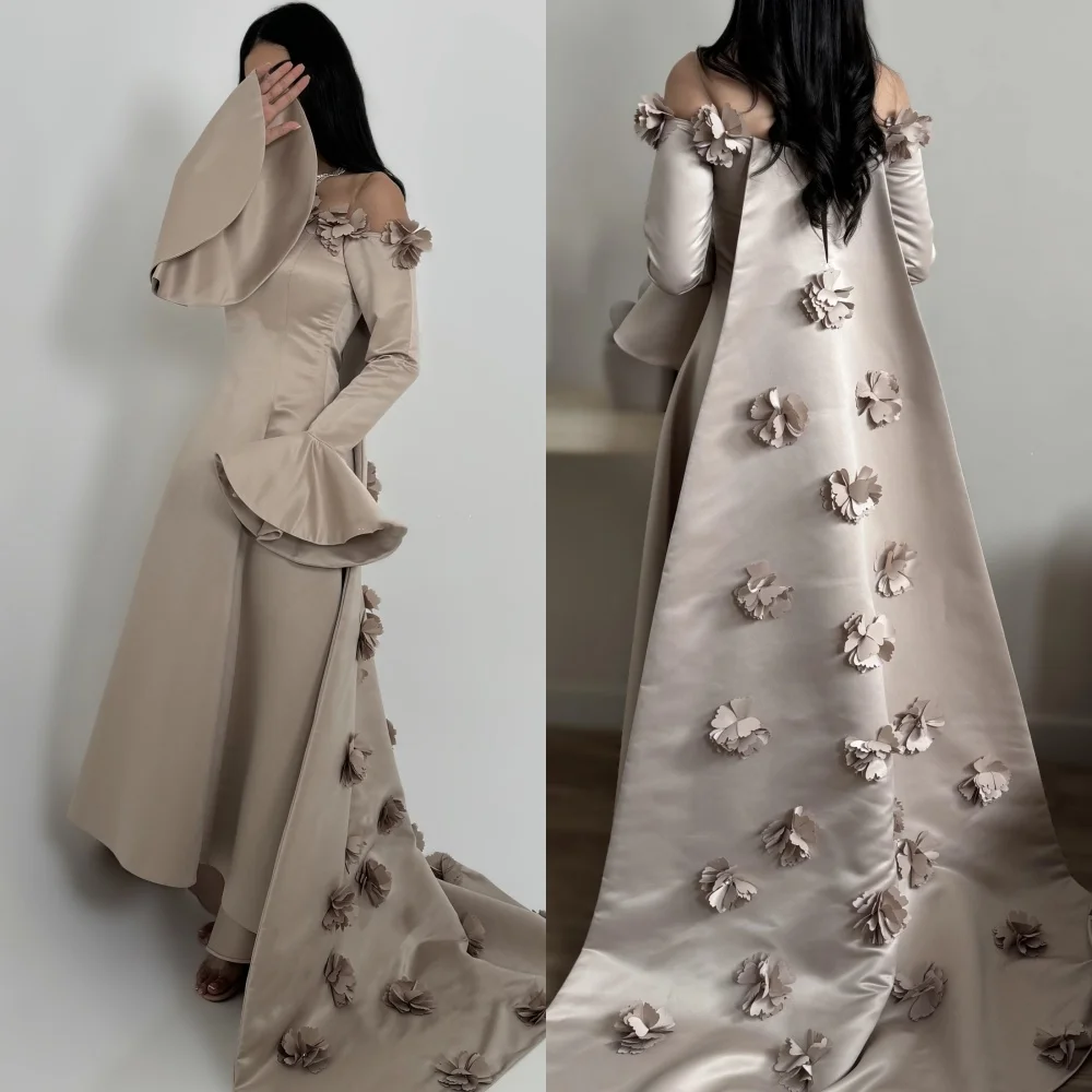 

Customized Matching Intricate Pleat Flower Draped A-line Off-the-shoulder Long Dresses Bespoke Occasion Dresses Exquisite Sexy