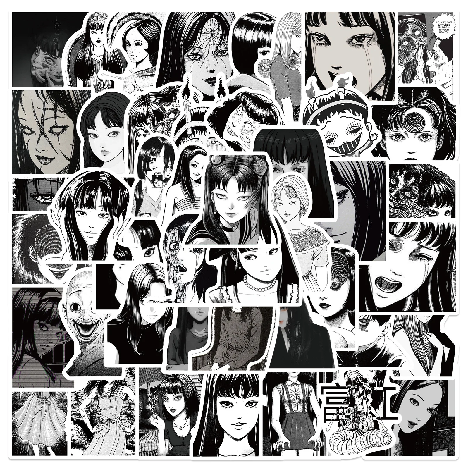 50PCS Black and White Horror Anime Tomie Stickers Cartoon Tomie Junji Ito Manga Graffiti Decals for Suitcase Laptop Bike Sticker