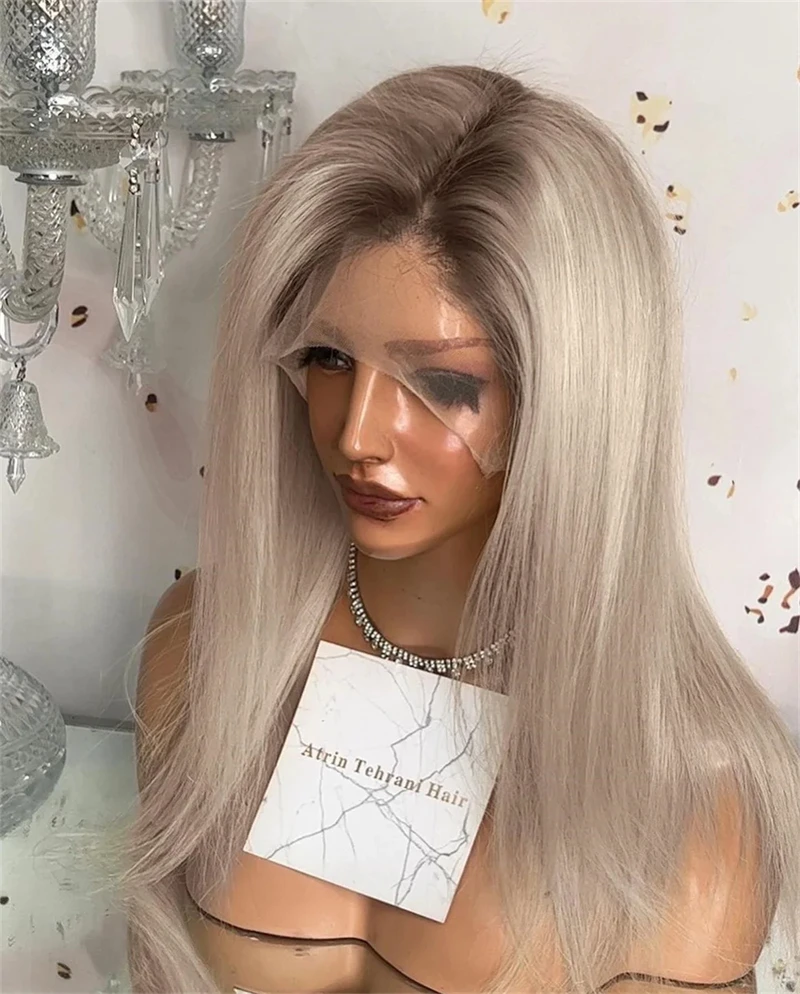 

Straight Ombre Platinum Blonde HD Lace Front Wig for Women Synthetic Premium Fibre Heat Resistant Party Holiday Wedding Top Sale