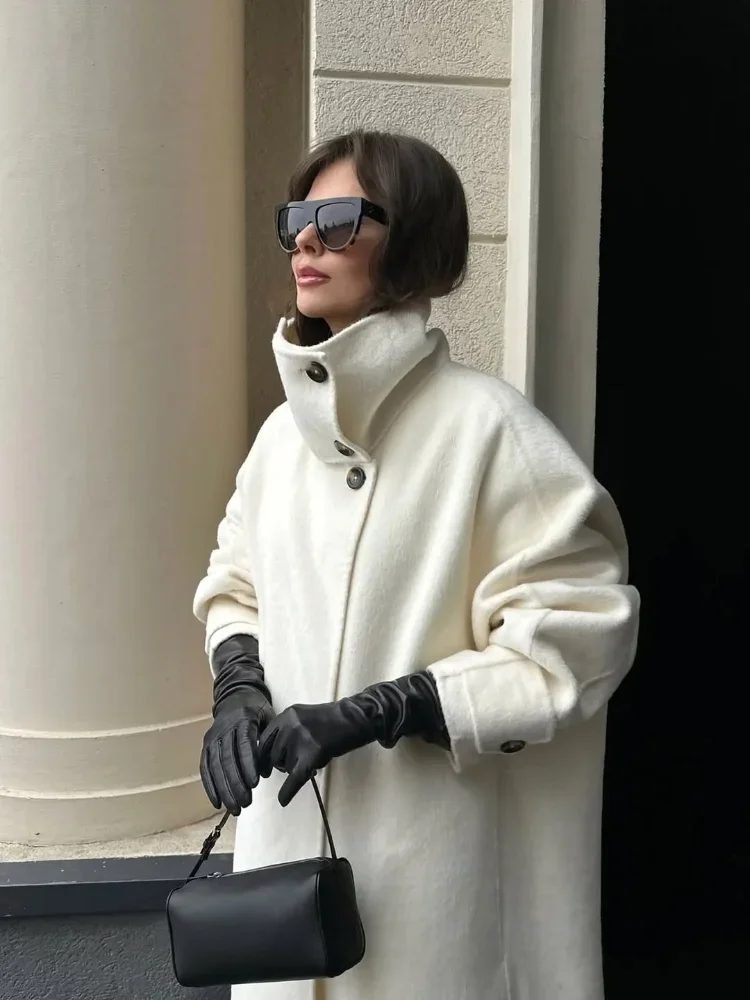 

2025 Autumn Winter Lady Coats Casual Stand Collar Woolen Women Long Coat Elegant Solid Full Sleeve Single Breasted Female Jacket