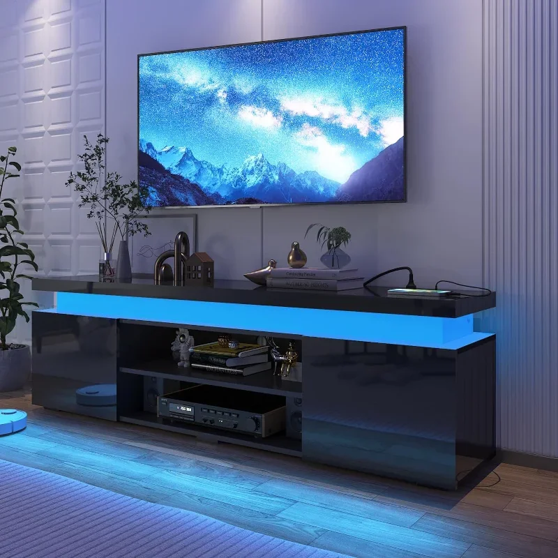 Hlivelood LED TV Stand for 75 Inch , Modern with Power Outlet, High Gloss Console Entertainment Center Storag