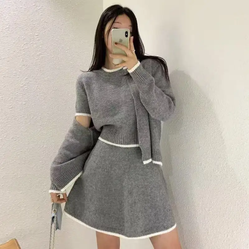 

2025 Fall/Winter Sweater Set: Feminine Knitted Cardigan Jacket with Bottom Skirt Three-Piece Set