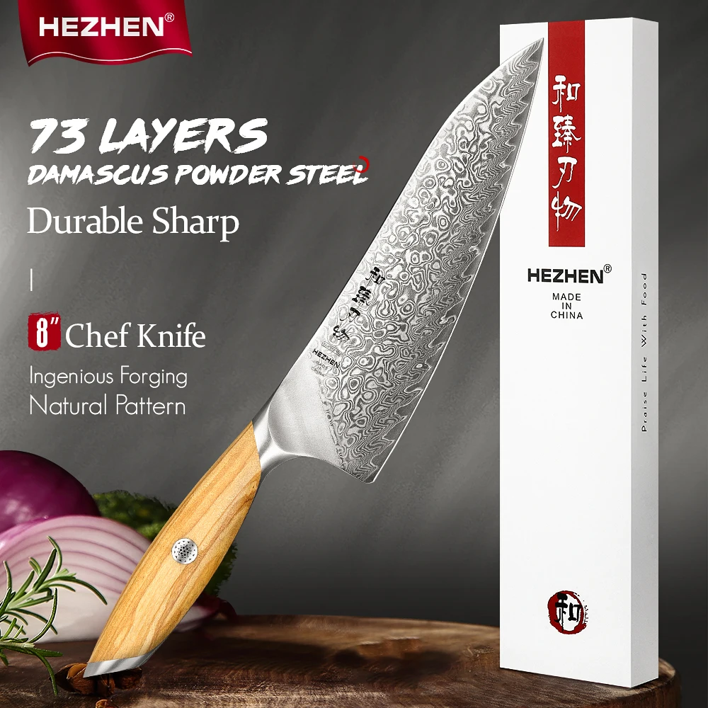 

HEZHEN Flagship Series 73 Layers Damascus Steel Chef Knife 14Cr14MoVNb Powder Steel Core Olive Wood Handle Kitchen Cutlery