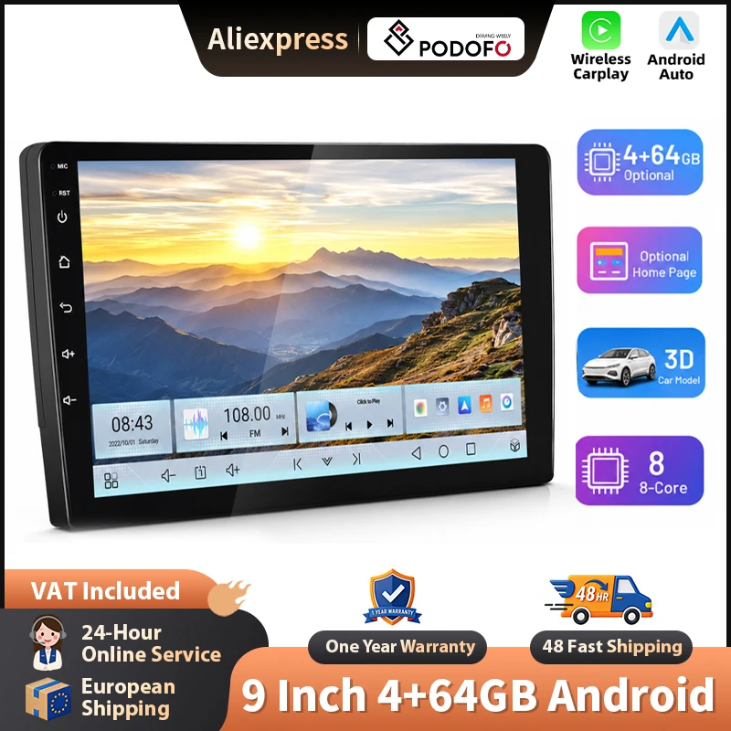 Image of Podofo 9-Zoll 6+128G oder 2+64G Wireless Carplay Android Auto Radio für universellen Einbaurahmen, intelligente Fahrzeugsysteme, GPS-Navigation, BT, FM/RDS, 2-DIN-Autoradio, Plug&Play-Headunit, SWC,