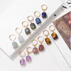 2024 New Square Cube Block Stone Earring Natural Aquamarines Quartzs Gem Raw Stone Drop Dangle Earring Jewelry Gift For Women