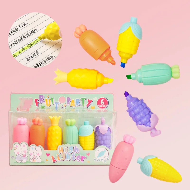 

6pcs Children's Highlighter Set Vegetables Fruits Shapes Brightly Colored Children's Hand-painted Graffiti Handbook Decorative