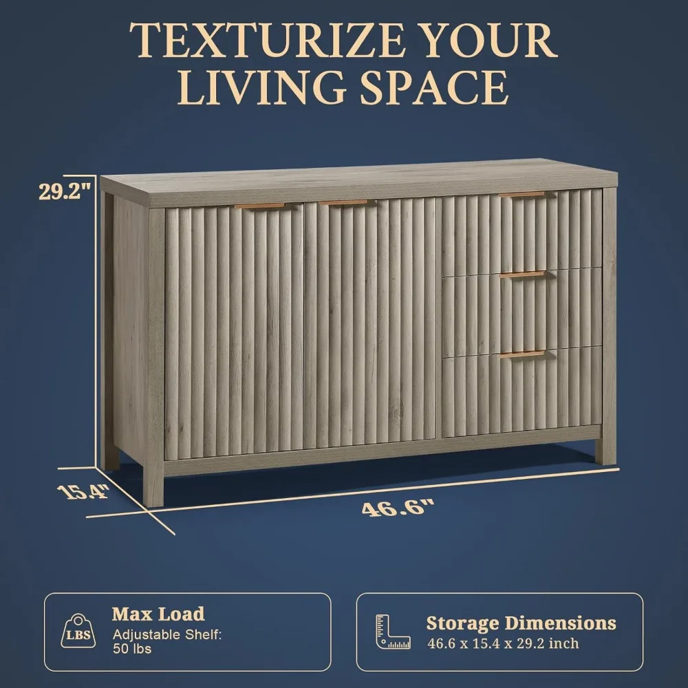 56インチの大型ビュッフェモダンなクレデンザ、調節可能な棚付き、ファームハウスメディアコンソール収納キャビネット、リビングルームの玄関用、