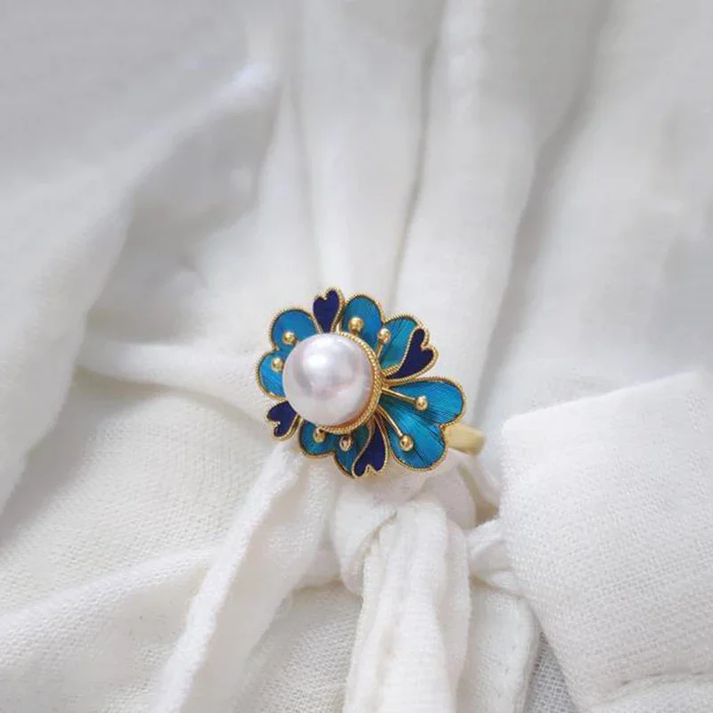 Original craft enamel porcelain pearl flower  rings for women retro palace style light luxury pendant women's silver jewelry