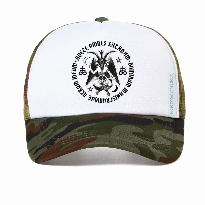 Baphomet Satanic Crosses With Hail Satan hat cartoon print Satanic Lucifer Devil Baseball cap summer Mesh Trucker Caps Gorras