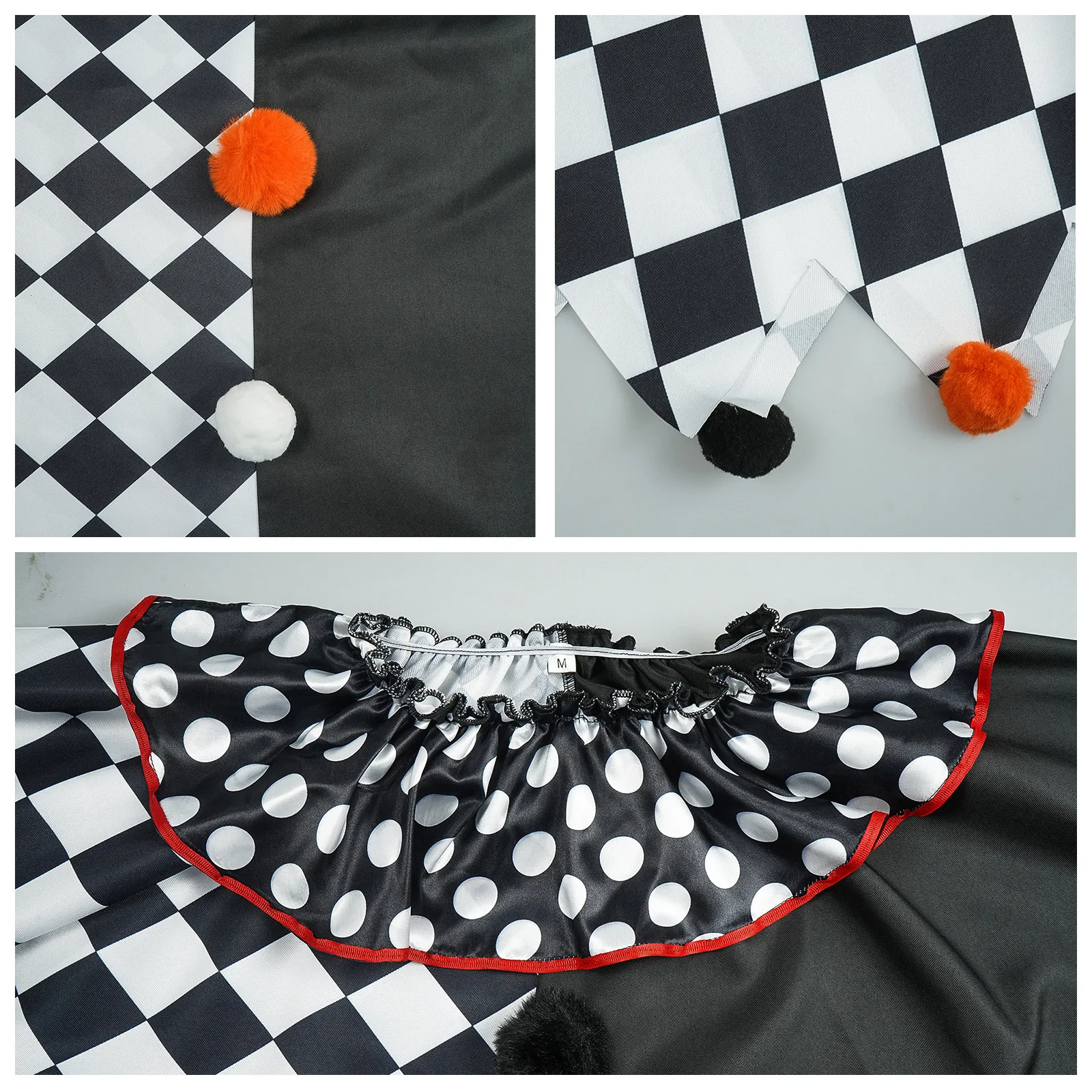 Women's Fun Clown Poncho Costume Checkered Polka Dots Adult Cloak Costumes for Halloween Party Set