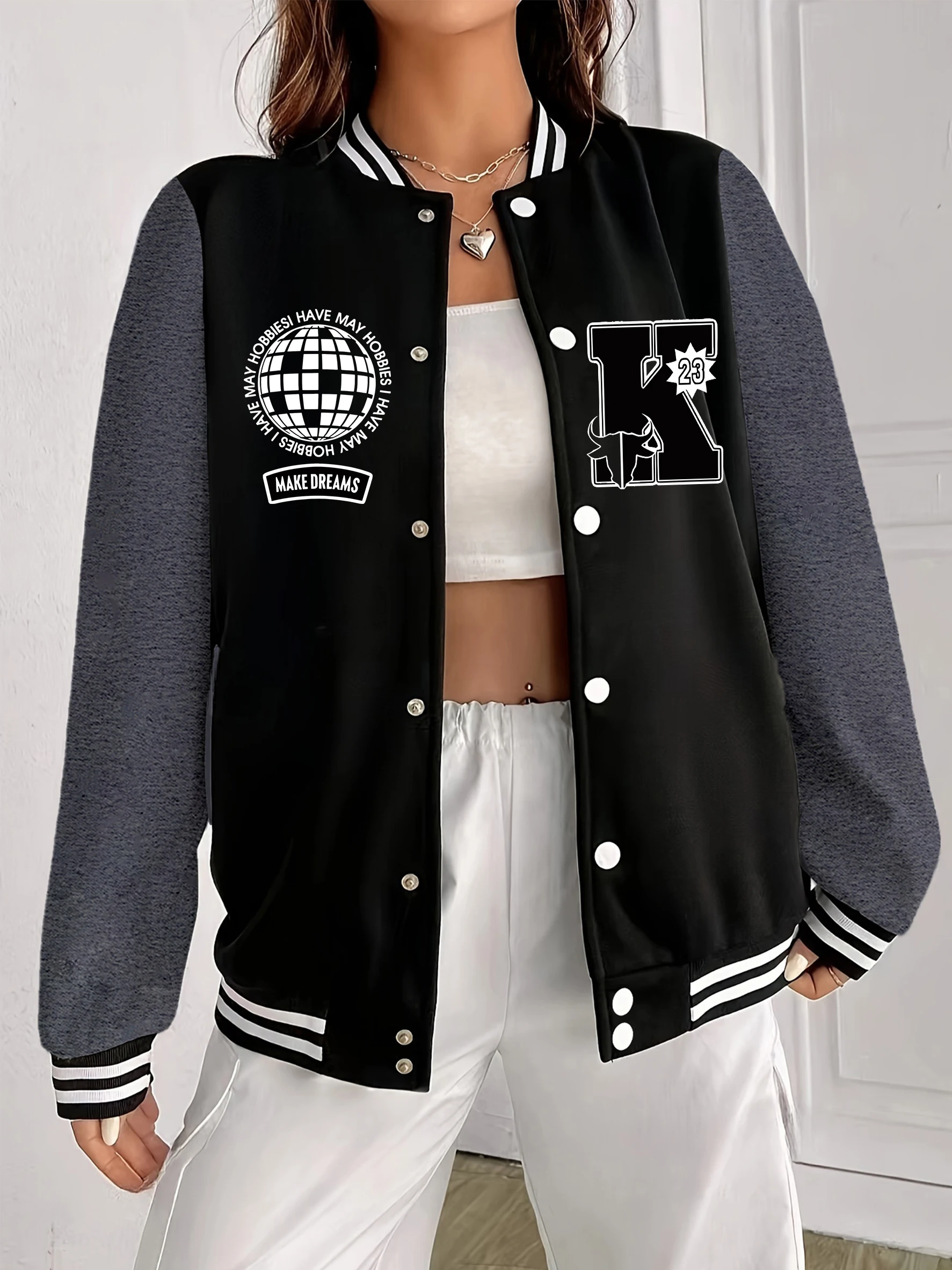 

Куртка с узором в стиле США и буквы K и номер 23, женская негабаритная бейсбольная форма в стиле хип-хоп, мягкое флисовое пальто, уличная универсальная спортивная одежда