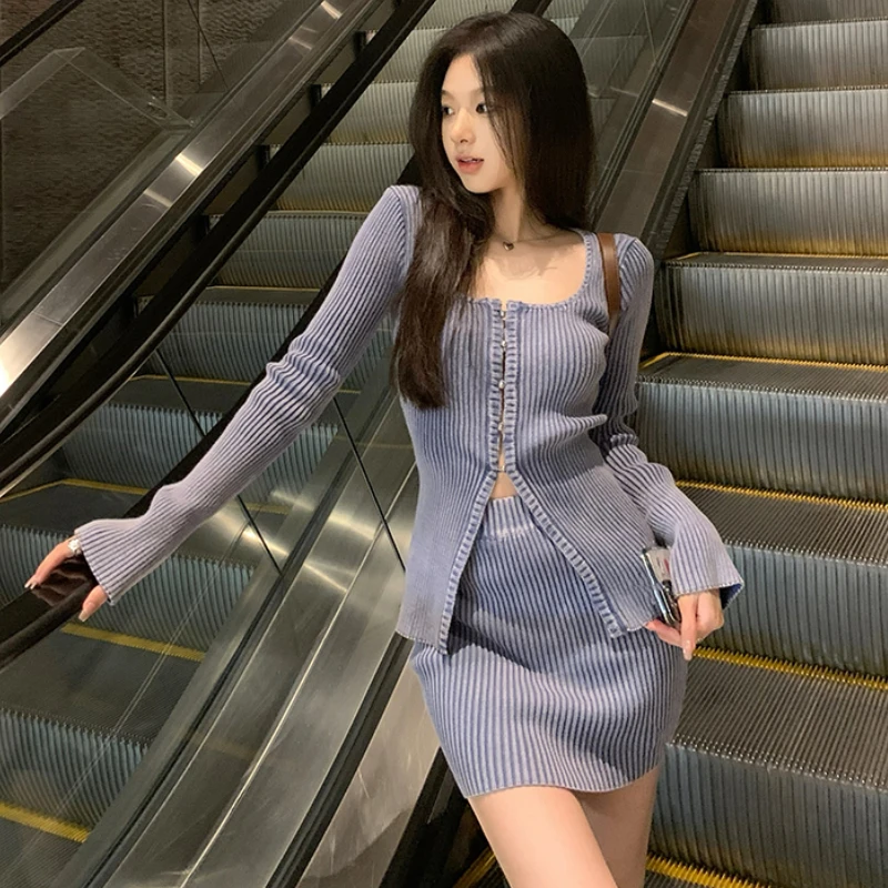 2023 Autumn Winter for Women Korean Style Retro Sweater Cardigan + Mini Pencil Skirt 2 Pieces Sets Y2k Grunge Knit Suit