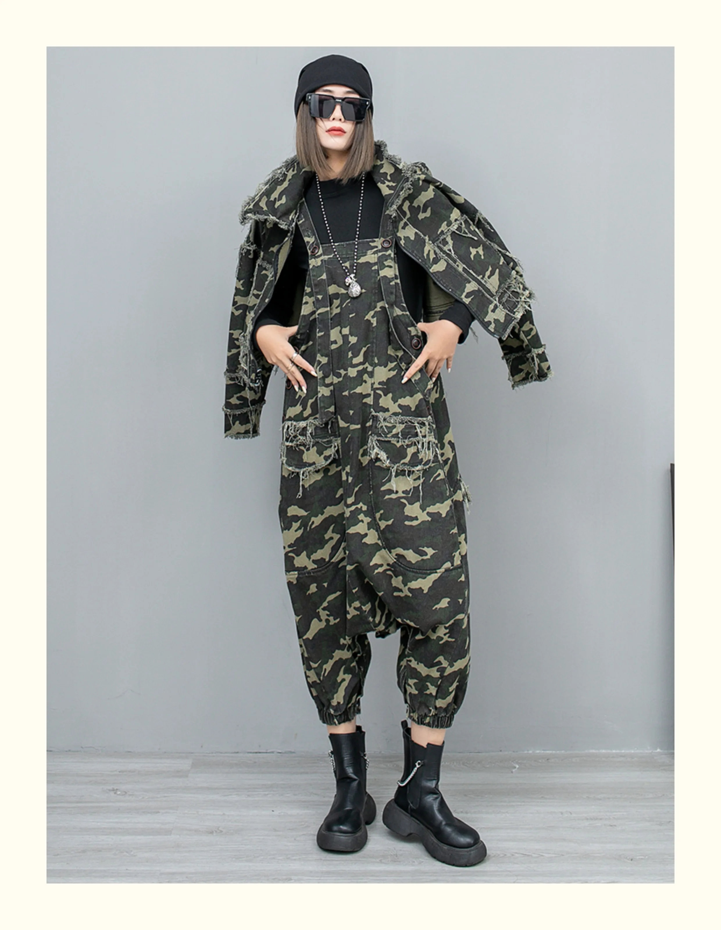 Camouflage Leopard Pant Sets Casual Full Sleeve Zipper Raw Edge Stitching Jacket Ankle-Length Pants Big Pockets Spring All-match