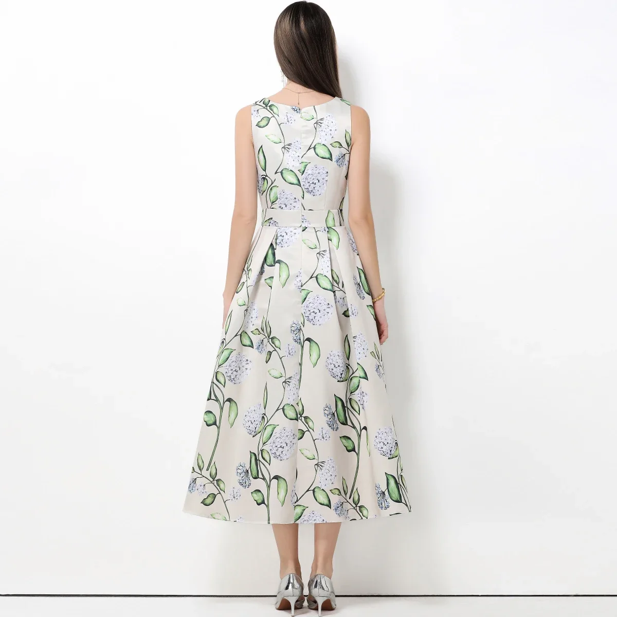 Moda senza maniche O-Collo Abiti per le donne Vita alta Stampa Slim Abito da donna A-LINE Abito da donna Abiti De Verano Mujer Q1963