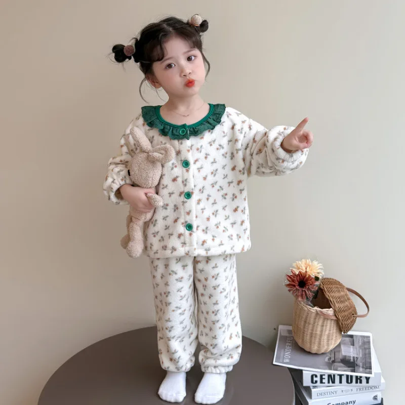 

Зимняя одежда для девочек от 7 до 12 лет, пижамы, утепленная теплая домашняя одежда, одежда для сна с кружевным воротником, кардиган, костюм, мягкая детская одежда