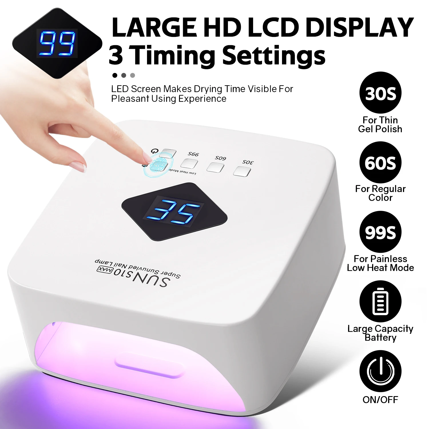 120W UV LED Nail Lamp Professional 30 LEDs Nail Dryer with 3 Timer Settings Rechargeable Manicure Lamp for Curing All Nails Gel