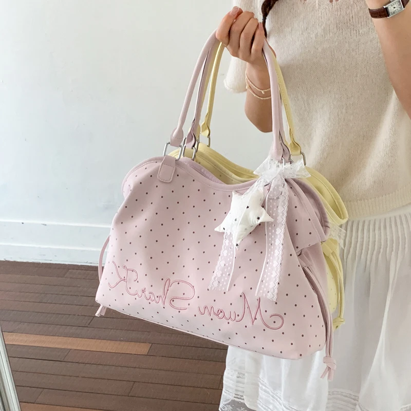 Polka Dot Star Pattern Canvas Tote Bag Commuter Casual Large Capacity Shoulder Underarm Bag Shopper Bag With Pendant Accessory view 4