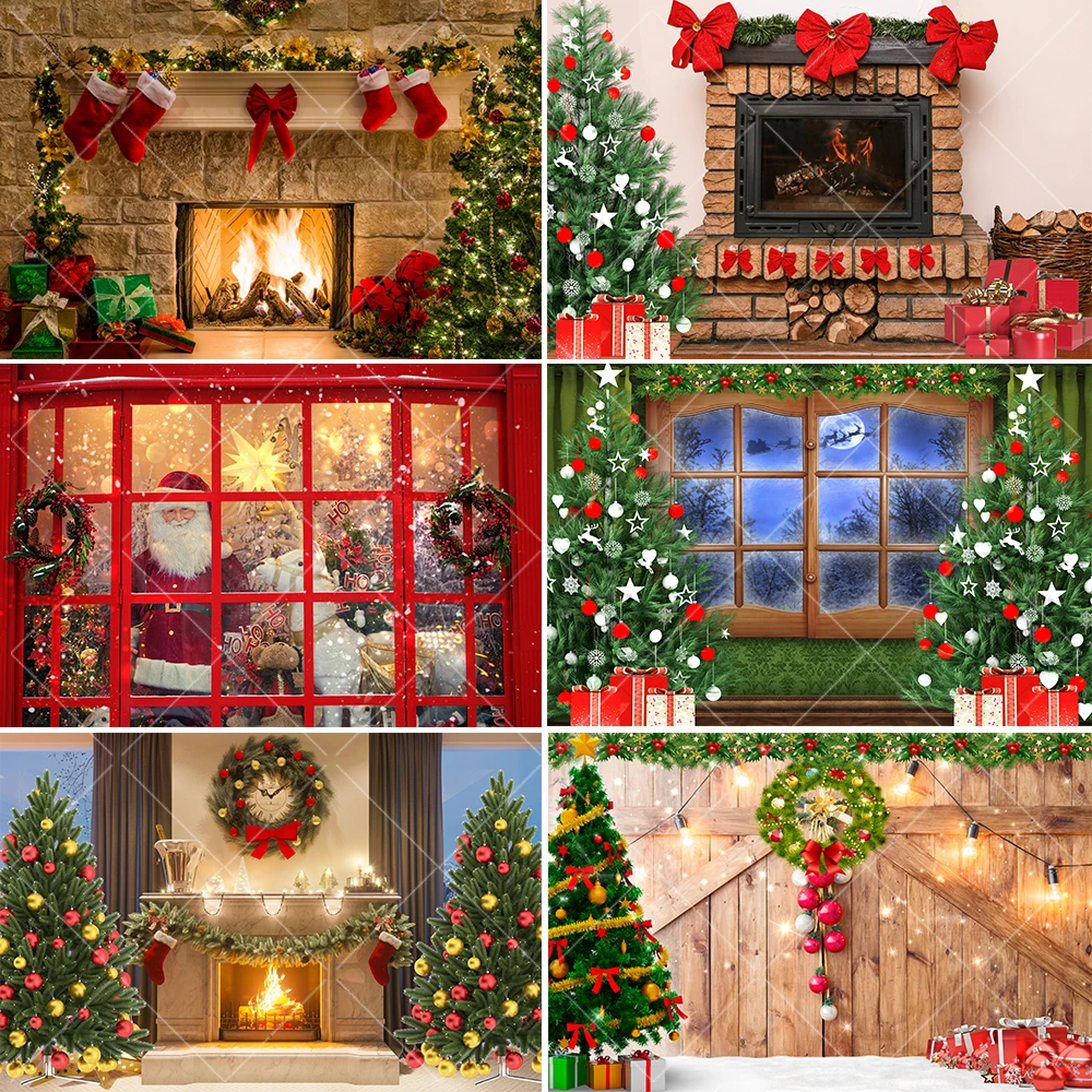 

Bonvvie Christmas Backdrop Christmas Tree Window Fireplace Stockings Baby Portrait Photography Background Photocall Photo Studio
