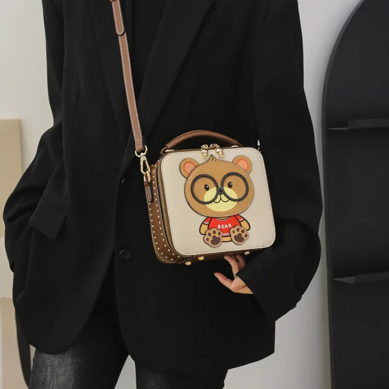 Cartoon Handbag Fashionable Crossbody Bag PU Cute Bear Pattern Simple   Portable Bag Shoulder Square Small Bag For Women Girls