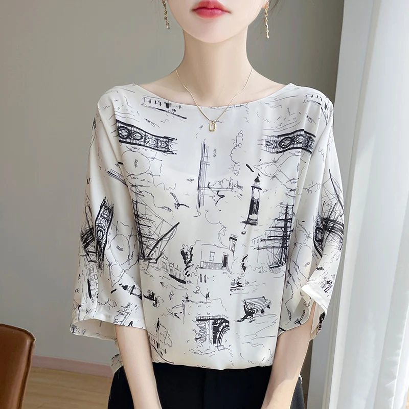 2025 Summer Round Neck Chiffon Satin Shirt Sleeve T-shirt Women's Printed Five-point Sleeve Top