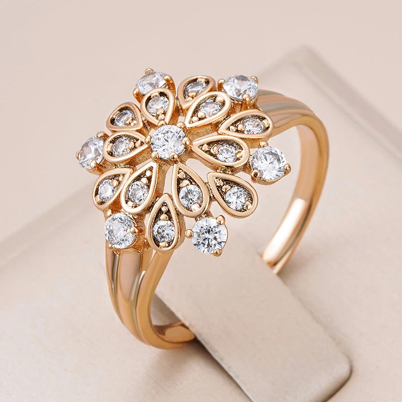 Kinel New Natural Zircon Crystal Flower Ring for Women 585 Rose Gold Color Fine Ethnic Bride Ring Vintage Wedding Jewelry