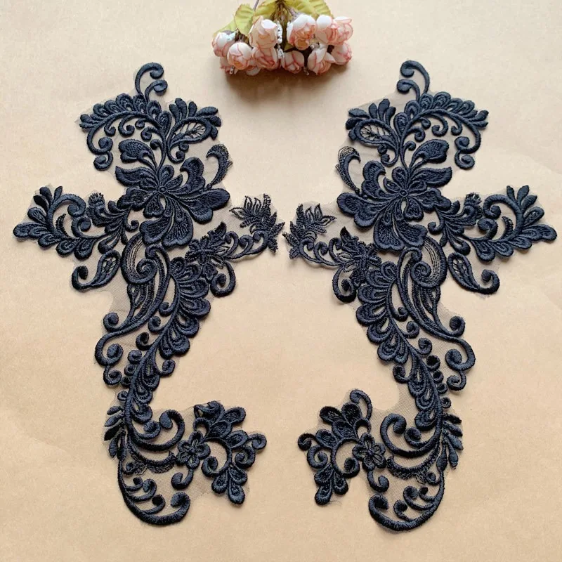 New European Style Embroidered High Quality Rayon Black Red Rice White Lace Pair Flowers Garment Accessories Set For Wedding