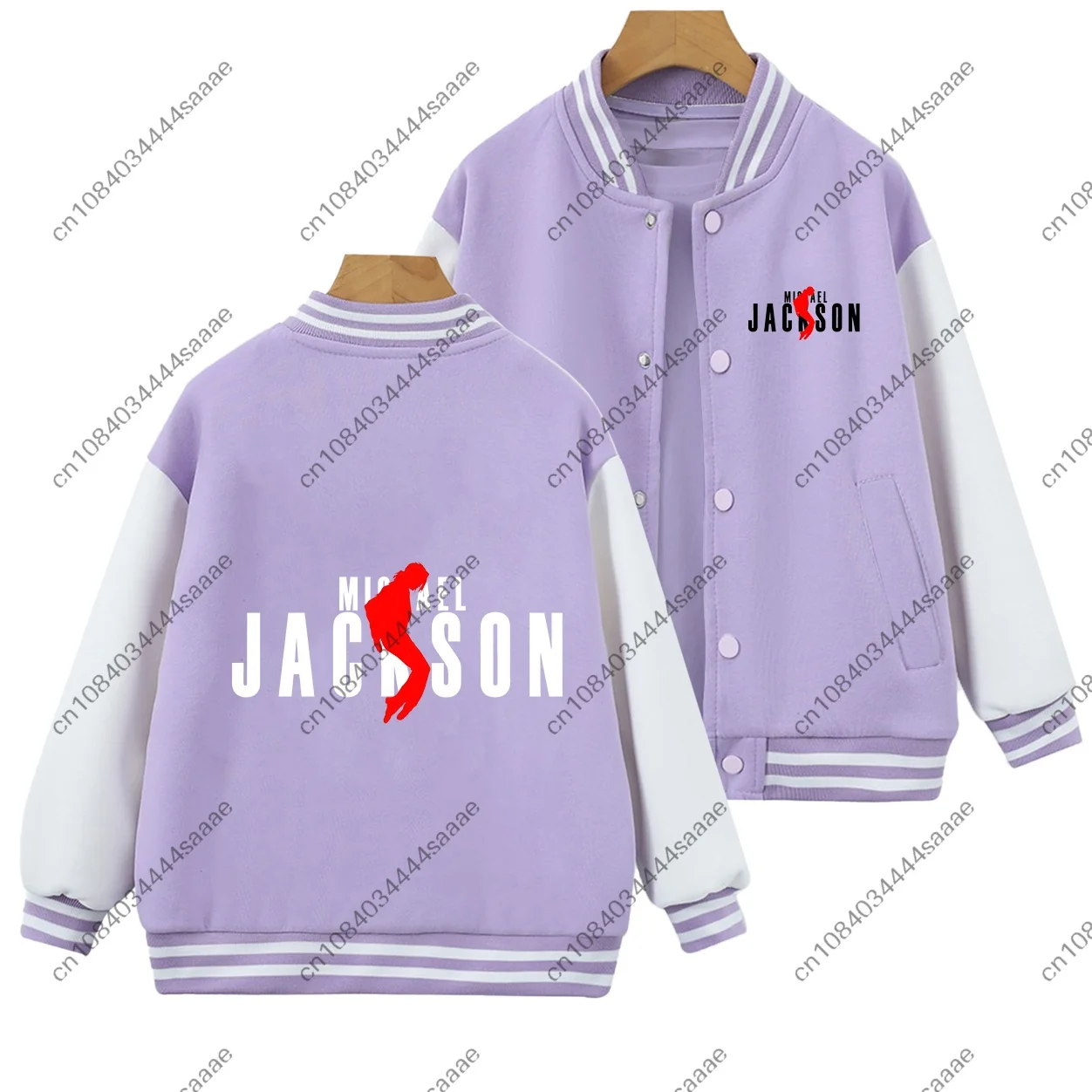 Kids Michael Jackson Thriller Print Baseball Jacket Purple White Contrast Sleeve Boys Girls Long Sleeve Coat Children Casual Top - view 4