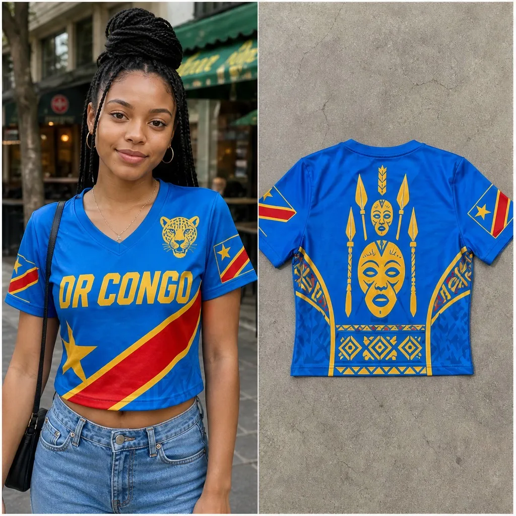 Womens Congo V Neck Short Sleeve Crop Top Leopard Star Spear Tribal Mask Print Casual Summer Shirt for Street Travel Daily Looks