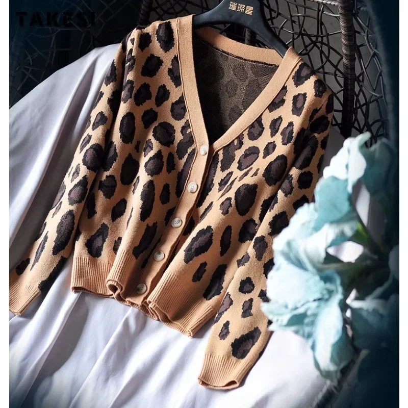 2024 Autumn Vintage Fashion Casual Single Breasted Sweater Women Knit Leopard Print Jumpers Long Sleeve Slim Fit Cardigans