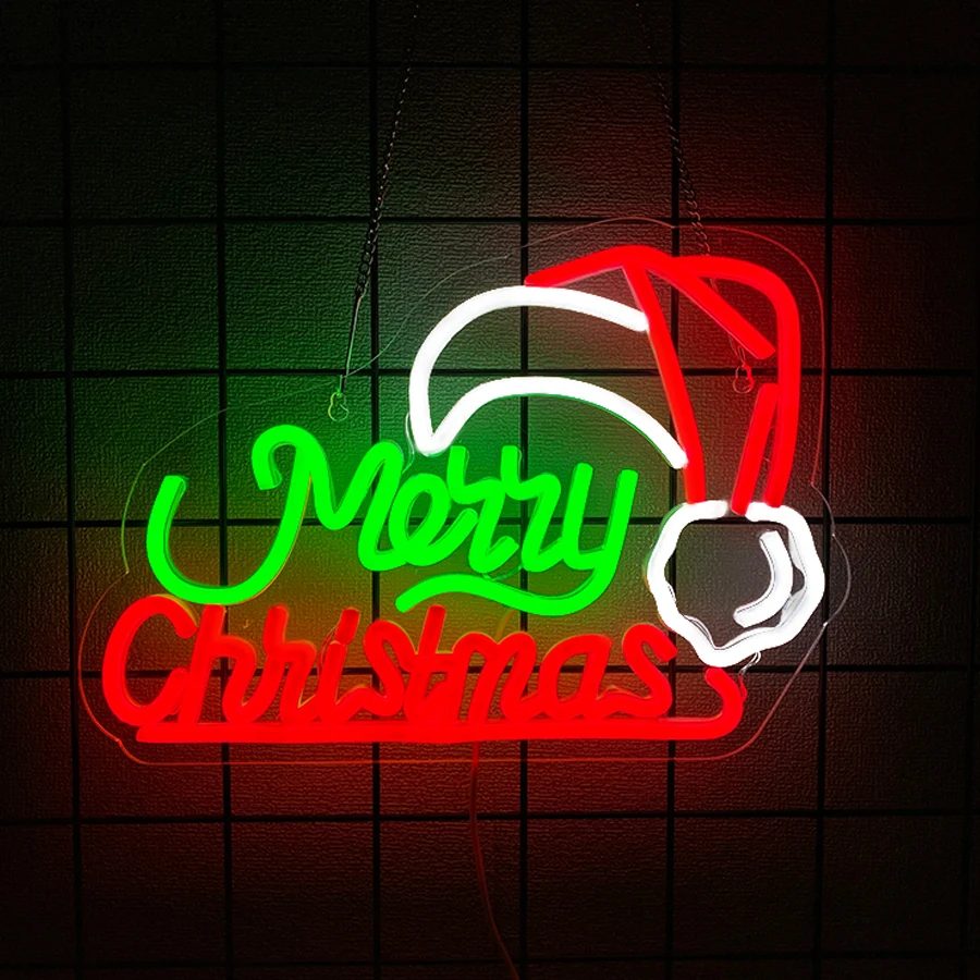 Merry Christmas LED Neon Sign, USB Santa Hat Xmas Neon Light, Wall Decor for Window Bedroom Xmas Party, Christmas Holiday Gift