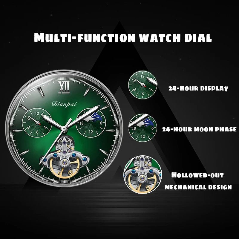 DIANPAI Men\'s Fully Automatic Mechanical Watch Hollow Men\'s Famous Watch Sun, Moon, Stars, Waterproof Night Glow Watch