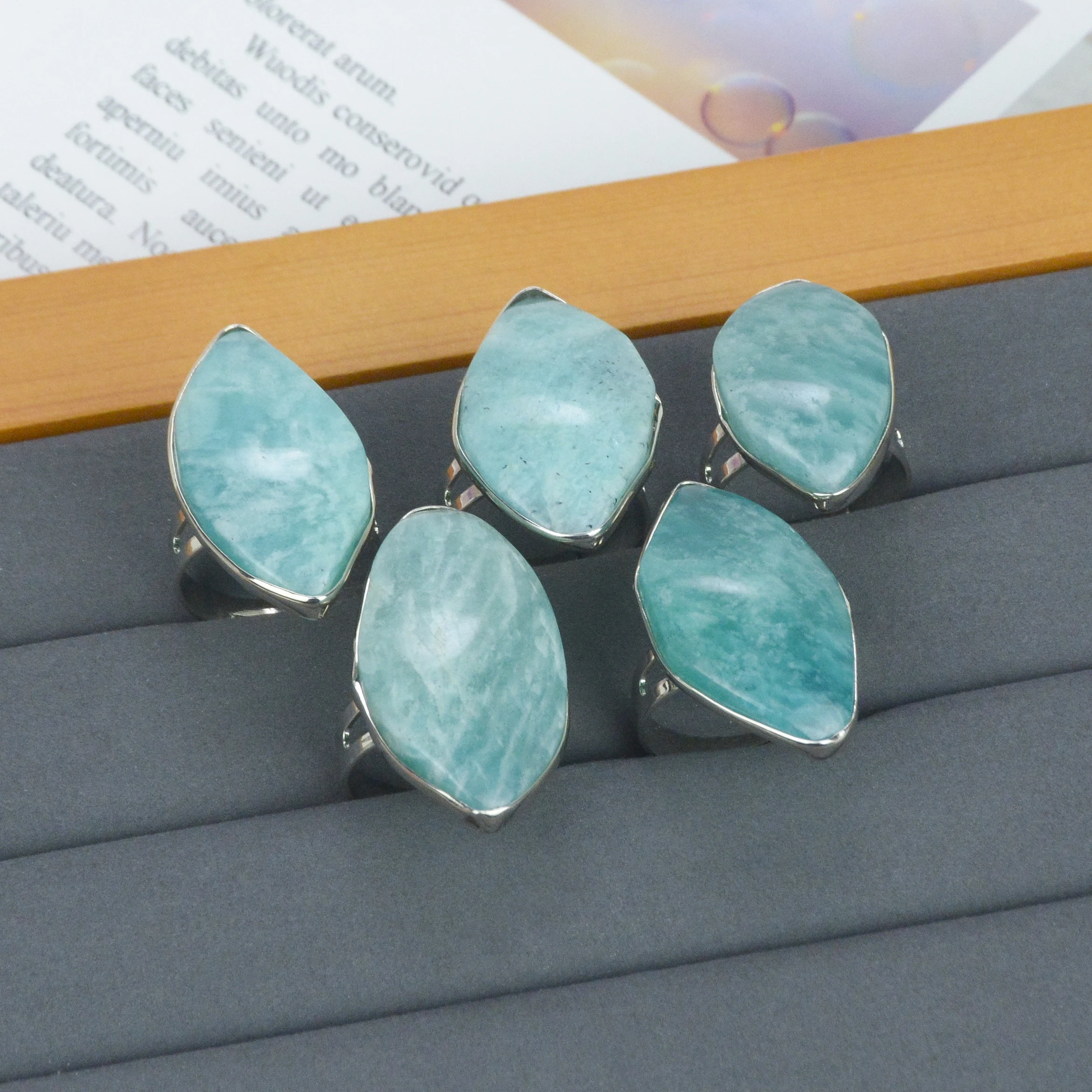 Irregular Natural Amazonite Adjustable Ring for Women Silver Color Engagement Wedding Brithday Jewelry