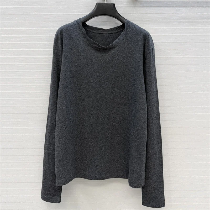 Women's t-shirt New round neck slim fit women's long sleeved top for autumn 2026 Elastic knitted pure cotton pullover y2k corset