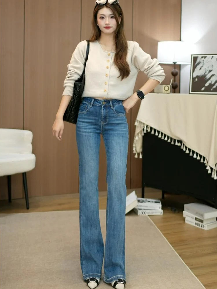 

Джинсы-колокольчики с высокой талией, женские облегающие эластичные утягивающие универсальные длинные брюки, весна 2025, новинка, синяя джинсовая ткань