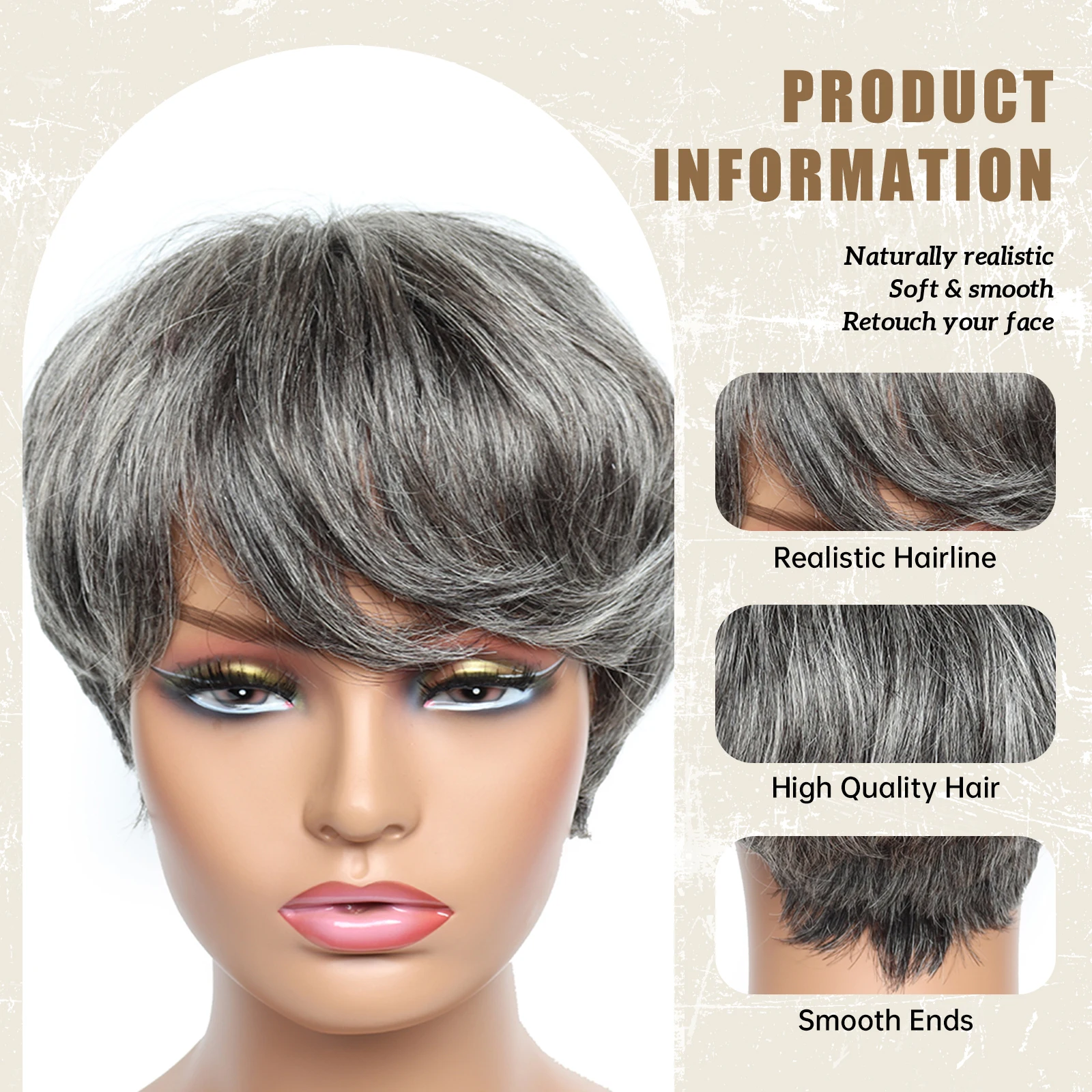 Remy Human Hair Short Straight Pixie Cut Bob Wigs Gray Silver Ombre Human Hair Wig with Bangs Machine Made 6inches Wig for Women