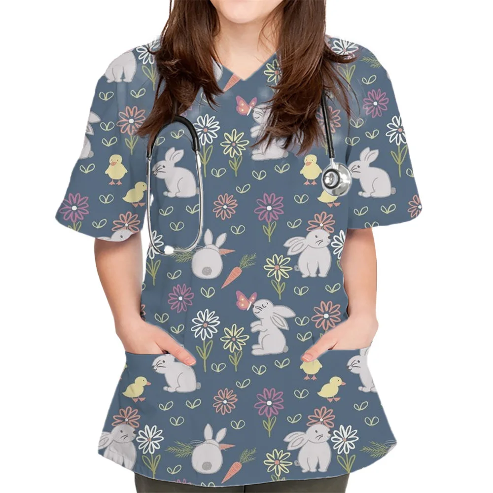 Kobiety Cartoon Cute Rabbit Print V-Neck Patched Pocket Medical Scrub Uniforms Nursing Short Sleeve Tops Nursing Surgical Uniform