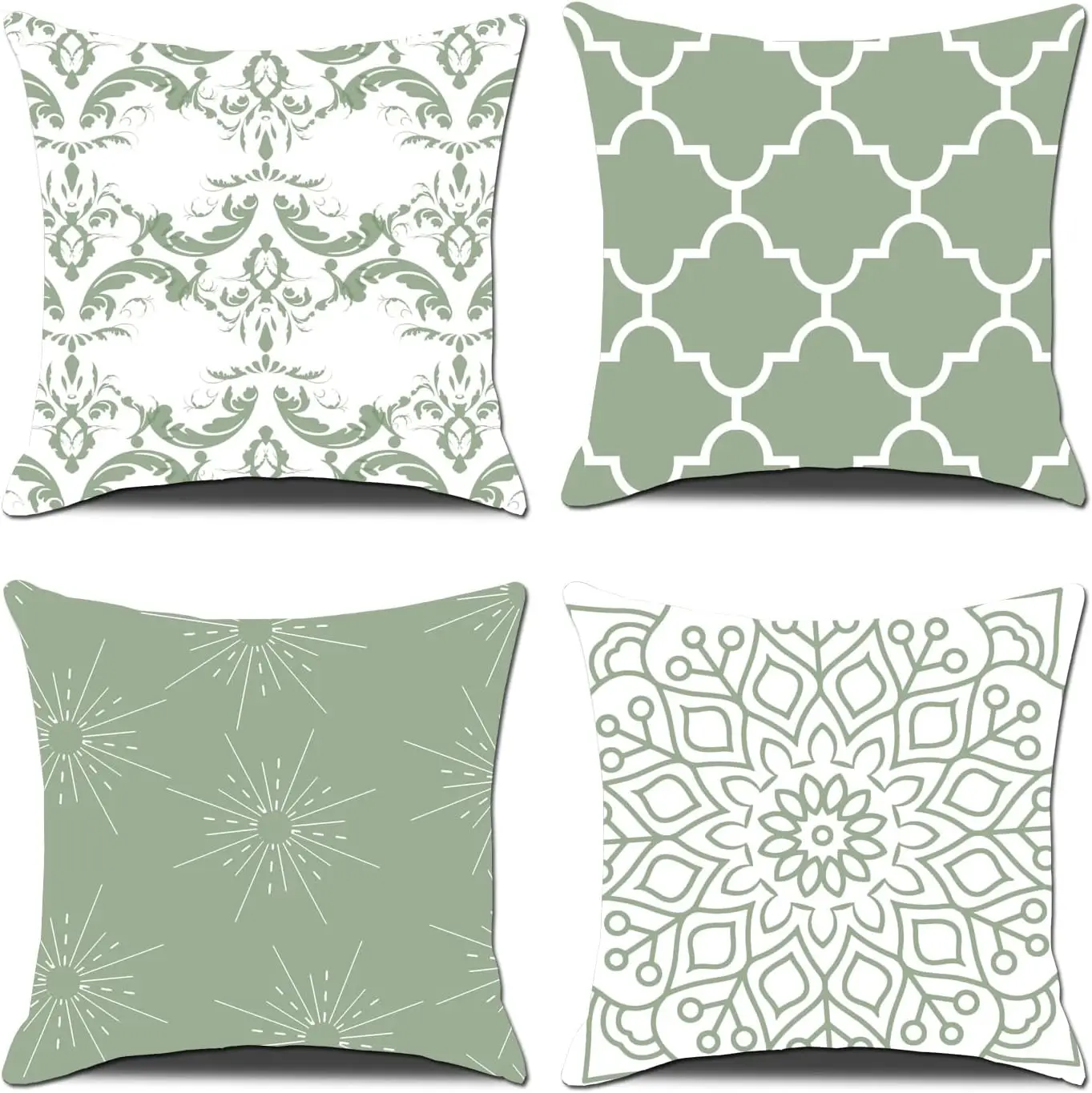 

4pcs Sage Green Damask Moroccan Star Mandala Pattern Printed Pillow Cover Polyester Cushion Case 2D Flat Modern Home Decor Now